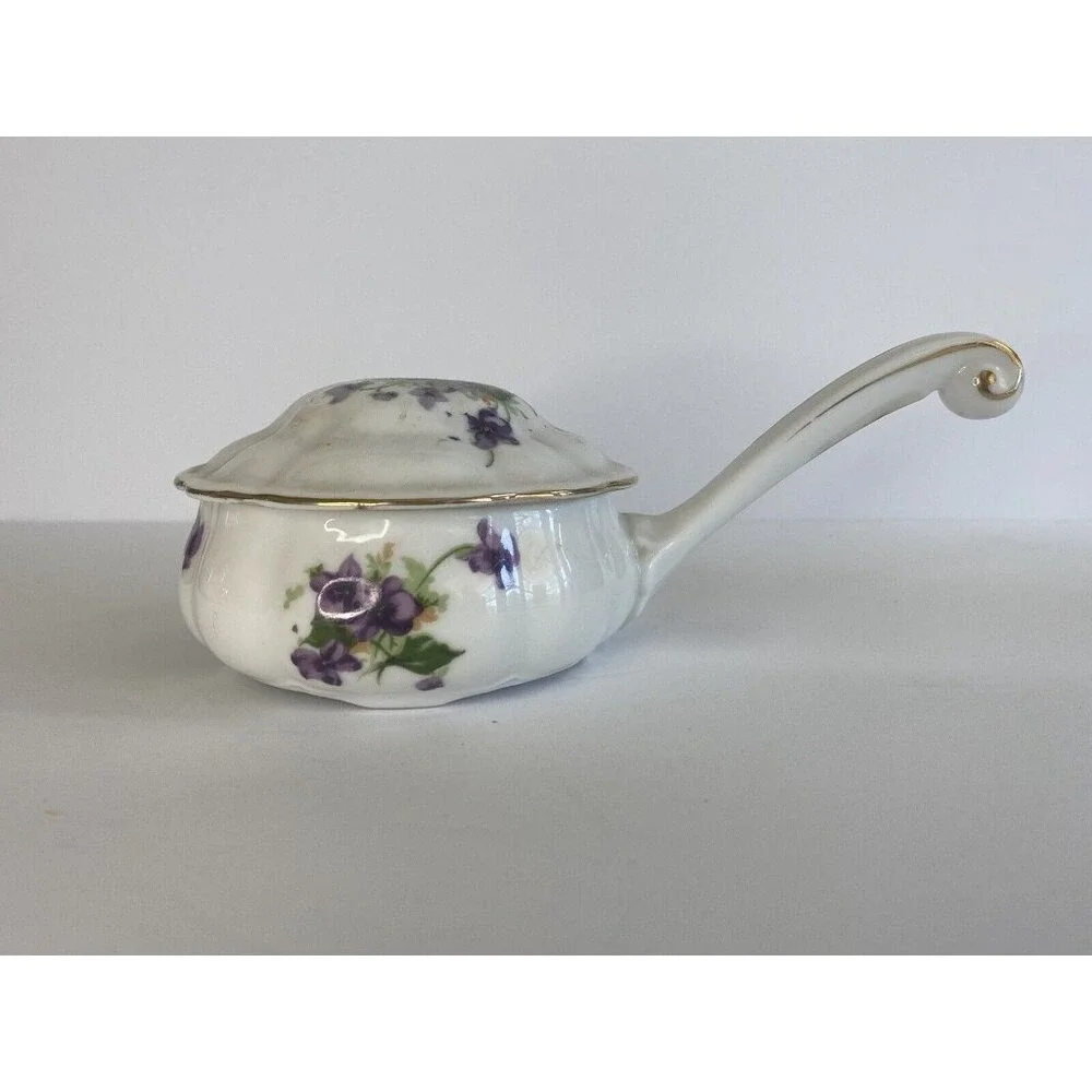 Vtg Enchanto Co CA Individual Service Dish Lid Handle Gold Trim Purple Flowers